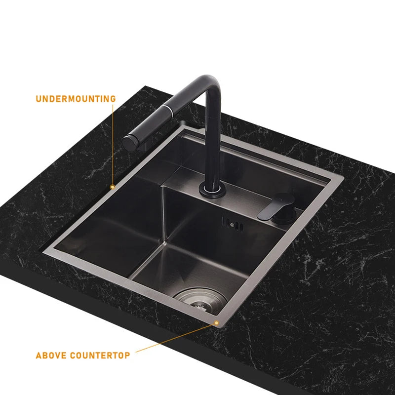 Stainless Steel SS304 Single Bowl Pull Out Faucet Tap New Black Nanometer Flip Cover Hidden Kitchen Sink