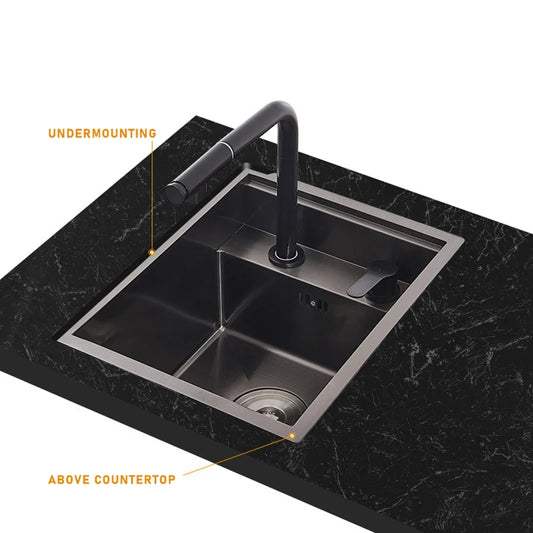 Stainless Steel SS304 Single Bowl Pull Out Faucet Tap New Black Nanometer Flip Cover Hidden Kitchen Sink