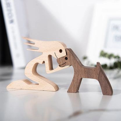 Family Puppy Wood Dog Craft Figurine Desktop Table Ornament Carving Model Home Office Decoration Pet Sculpture Christmas Gift