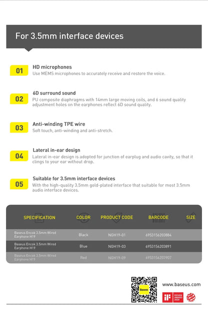 Baseus H19 Wired Earphones 6D Stereo Bass Headphone In-Ear 3.5mm Jack Headset with MIC for Xiaomi Samsung iPhone 6 Earbuds