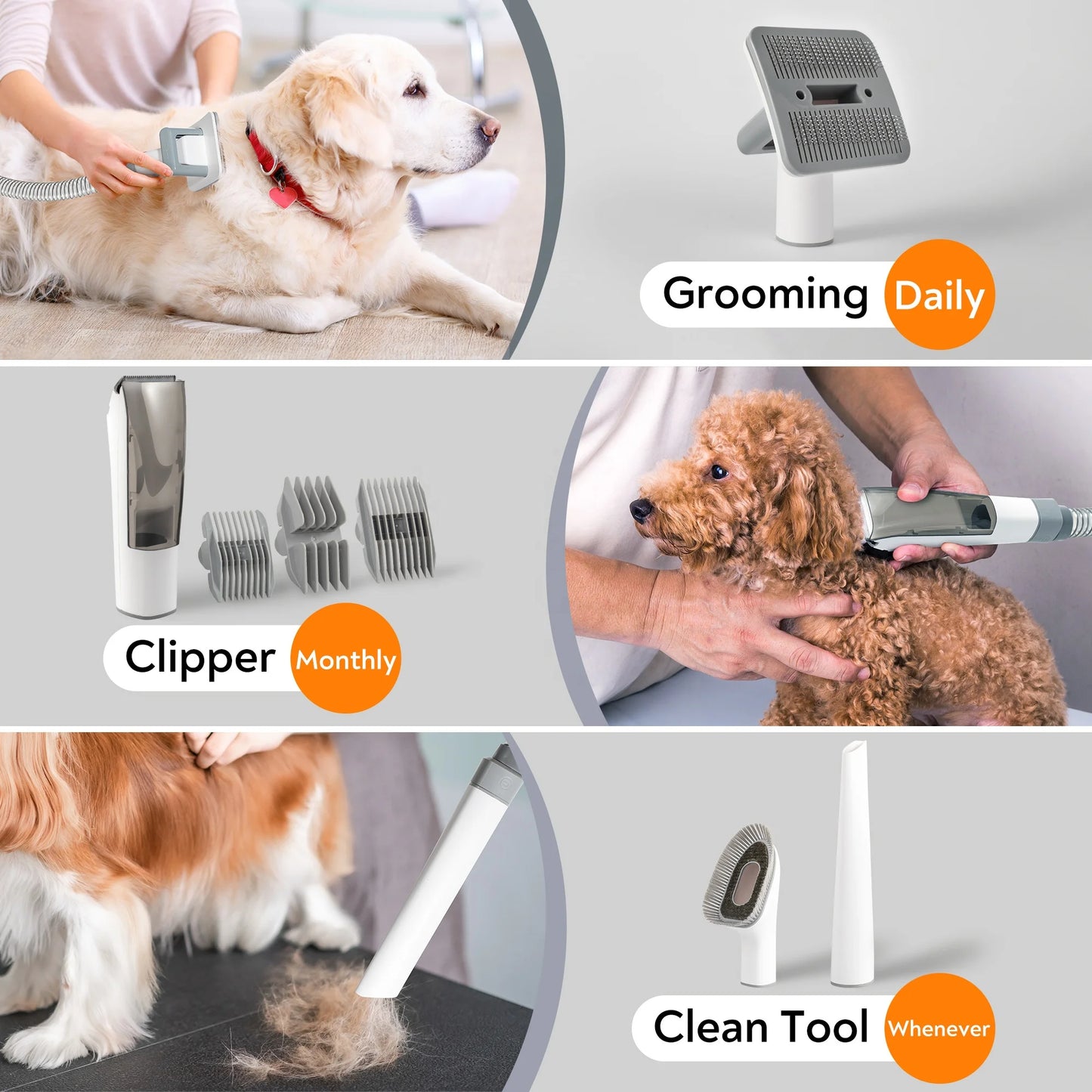 Professional 5 in 1 Pet Grooming Set Customizable 2L Dustbin Vacuum Clipper Rubber Brush Manual Power Hair Removal Dogs Cats