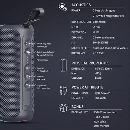 2026 New Arrivals Cyboris S7 Stereo 2.0 IPX7 Waterproof Action 40W Cylinder Super Bass Mini Wireless Speaker for Computer