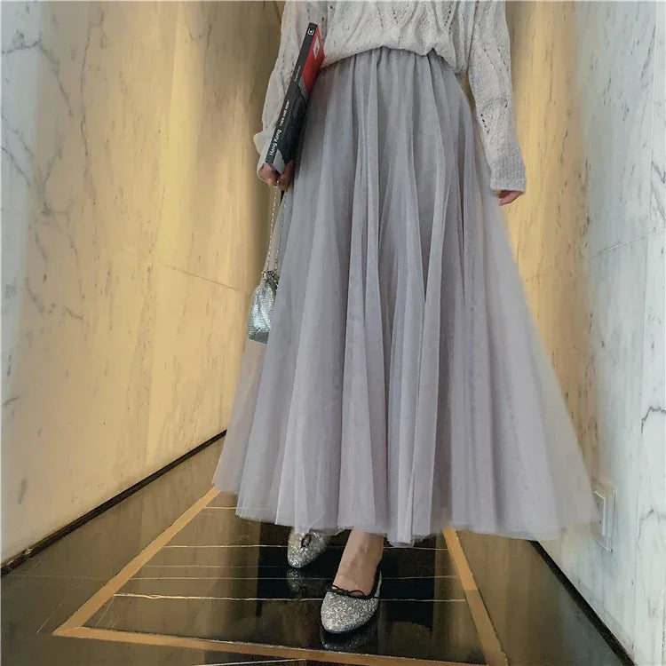 TingYiLi Elegant Tulle Skirt Autumn Winter Big Swing Women Skirt Korean Cute Pink Green Gray Blue Brown Black Long Skirt Tutu