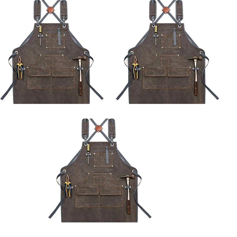 Durable Work Apron with Tool Pockets Heavy Duty Unisex Canvas Adjustable Cross-Back Straps Apron for Carpenter Painting Home BBQ