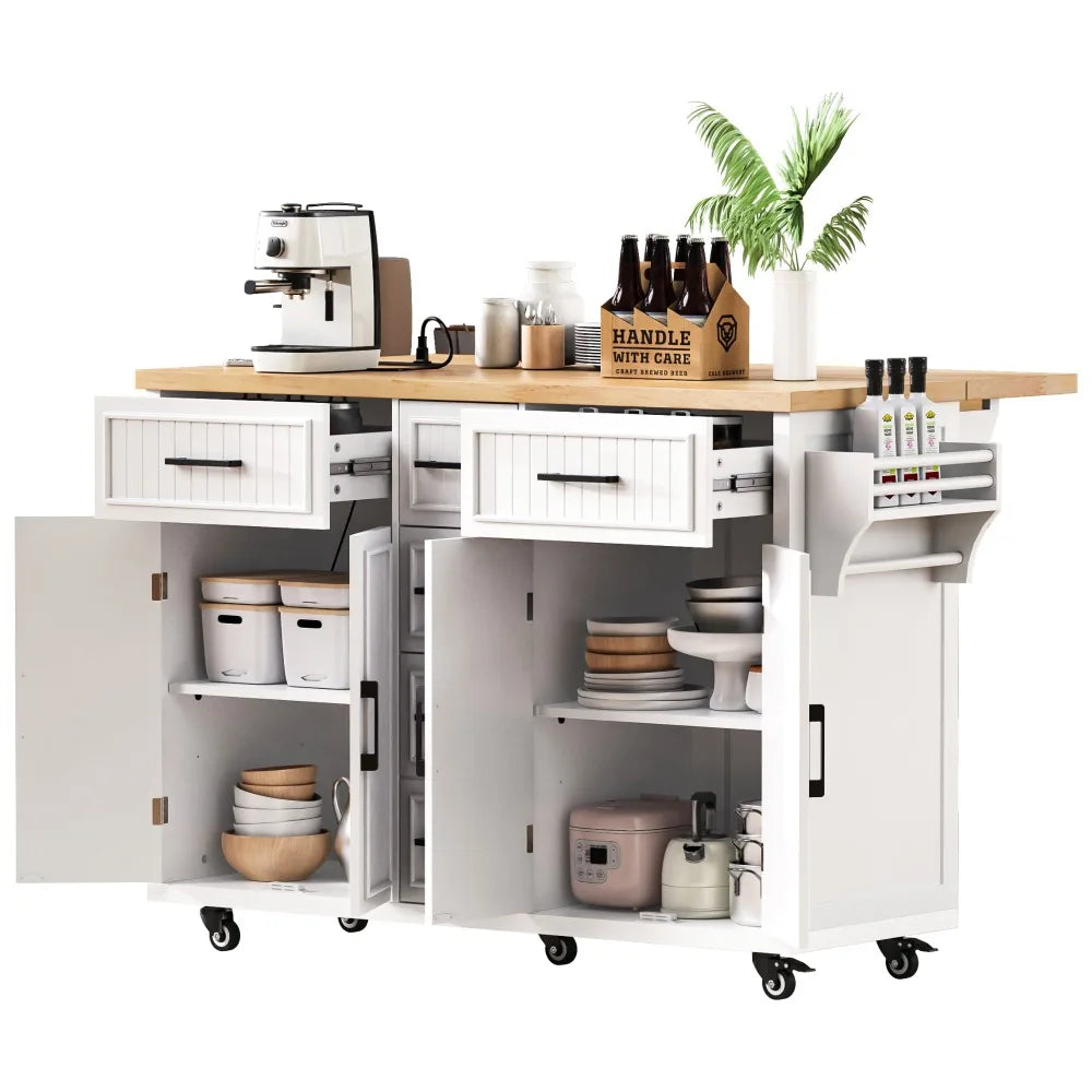 56.5'' Kitchen Island with Drop Leaf, Power Outlet, Embossed Vertical Stripe Rolling Kitchen Cart on Wheels