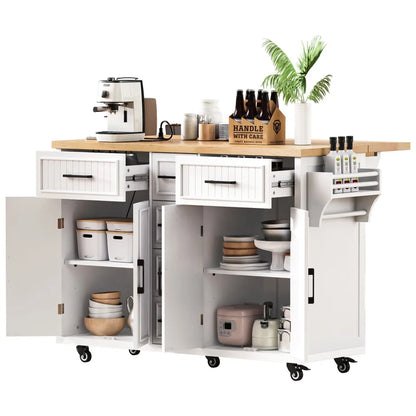 56.5'' Kitchen Island with Drop Leaf, Power Outlet, Embossed Vertical Stripe Rolling Kitchen Cart on Wheels