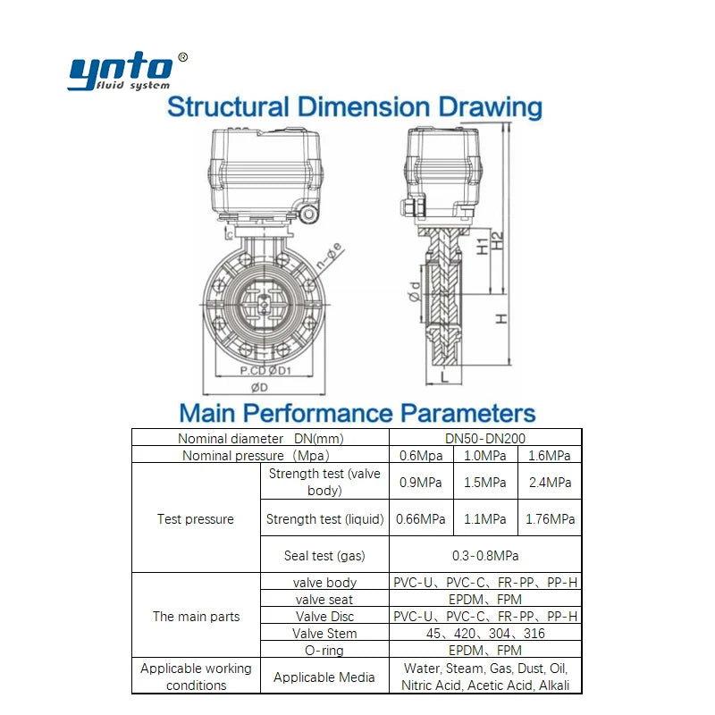 YNTO Custom Industrial 4 Inch Electric Actuated Butterfly Valve Flow Control 3 Inch PN16 for Water & Gas PVC PP UPVC Material