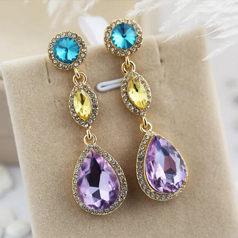 Golden Plated Crystal & Rhinestone Drop Earrings Amethyst Water Drop Shape Women Party Jewelry Romantic Style Fashion Dangle
