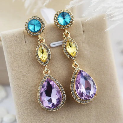 Golden Plated Crystal & Rhinestone Drop Earrings Amethyst Water Drop Shape Women Party Jewelry Romantic Style Fashion Dangle