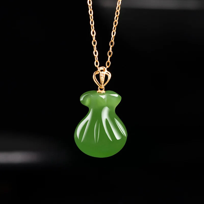 Certified Grade a Natural Spinach Green Hotan Jade Green Jade Lucky Bag Money 18K Gold Inlaid Jade Necklace Pendant Lady