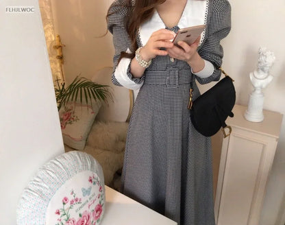 2021 Autumn Spring Basic Belt Plaid Shirt Dress Long Maxi Feminine Vestidos Chic Korea Design Clothes