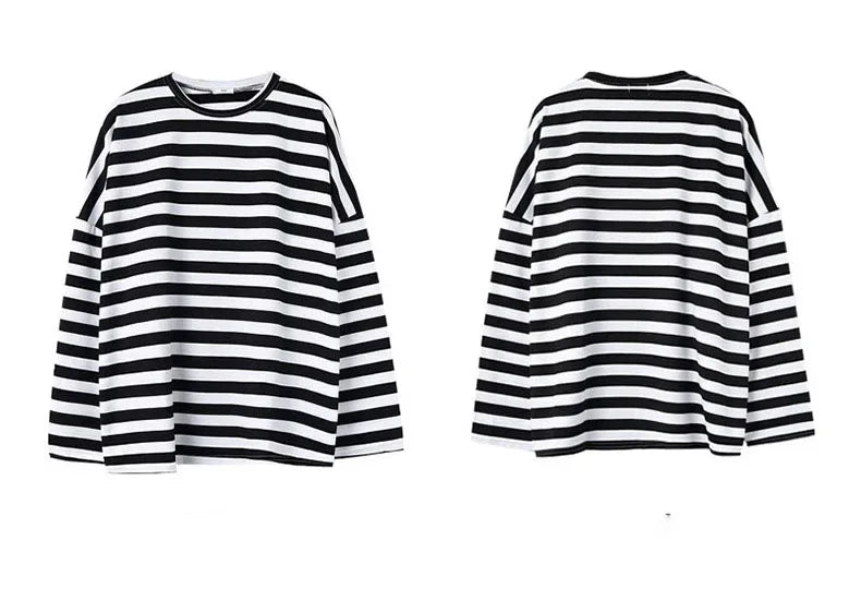 spring Autumn Women harajuku Striped Tshirt Long Sleeve O-Neck T-Shirts ulzzang Korean Casual  T Shirt Femme black Tops