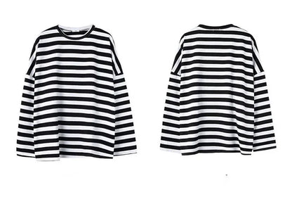 spring Autumn Women harajuku Striped Tshirt Long Sleeve O-Neck T-Shirts ulzzang Korean Casual  T Shirt Femme black Tops