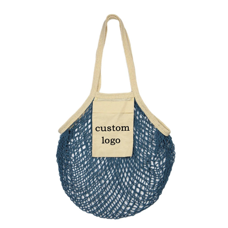 Recycled Reusable Cotton String Mesh Net Shopping Bag Long Handle Fruit Vegetable Grocery Produce Tote for Daily Life Letter