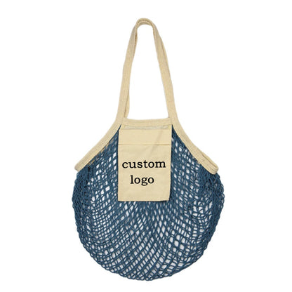Recycled Reusable Cotton String Mesh Net Shopping Bag Long Handle Fruit Vegetable Grocery Produce Tote for Daily Life Letter