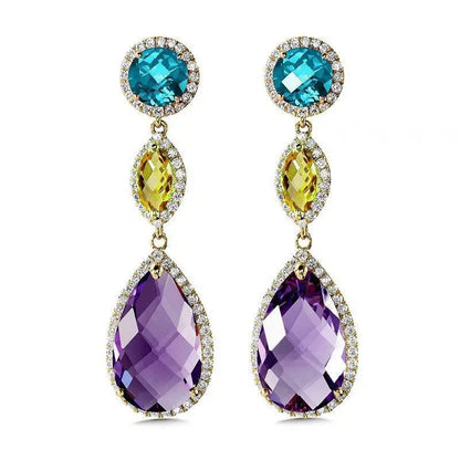 Golden Plated Crystal & Rhinestone Drop Earrings Amethyst Water Drop Shape Women Party Jewelry Romantic Style Fashion Dangle