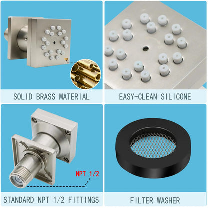 High-Pressure Wall Mounted Brass Square Shower Sprayer Nozzles Brushed Brass Body Jets Rain Pattern Ceramic Thermostatic Faucets