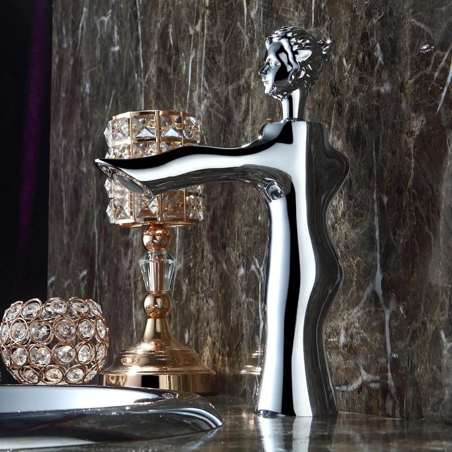 Vintage Statue Vessel Sink Faucet - Antique Brass Finish Single Handle Tall 1 Hole Deck Mount - Chrome