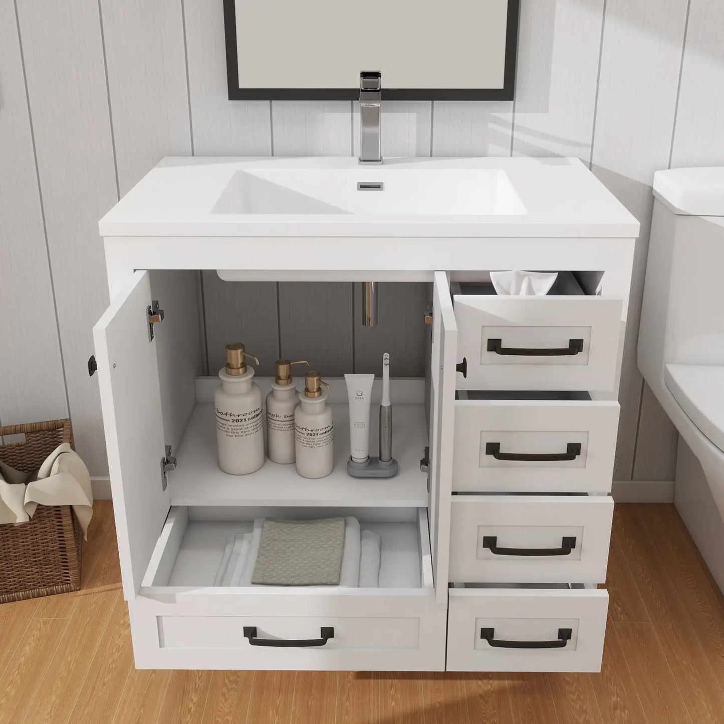 US Stock 36inch Fast Free Shipping Ready to Assemble Apartment Size Flat Pack Morden Bathroom Vanity with Single Sink