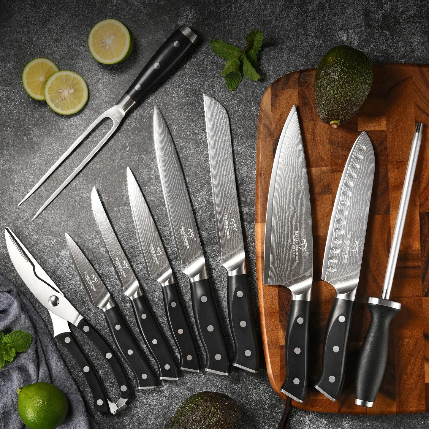 18 Pieces Damascus Steel VG10 Kitchen Tool Kitchen Knives Knife Set with Black Wooden Block with ABS Handle