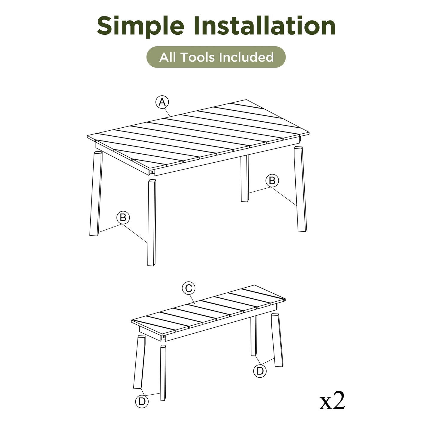 3-Piece Modern Oak Wood Dining Set with 2 Benches Portable Outdoor & Indoor Furniture for 6