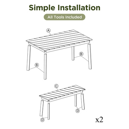 3-Piece Modern Oak Wood Dining Set with 2 Benches Portable Outdoor & Indoor Furniture for 6