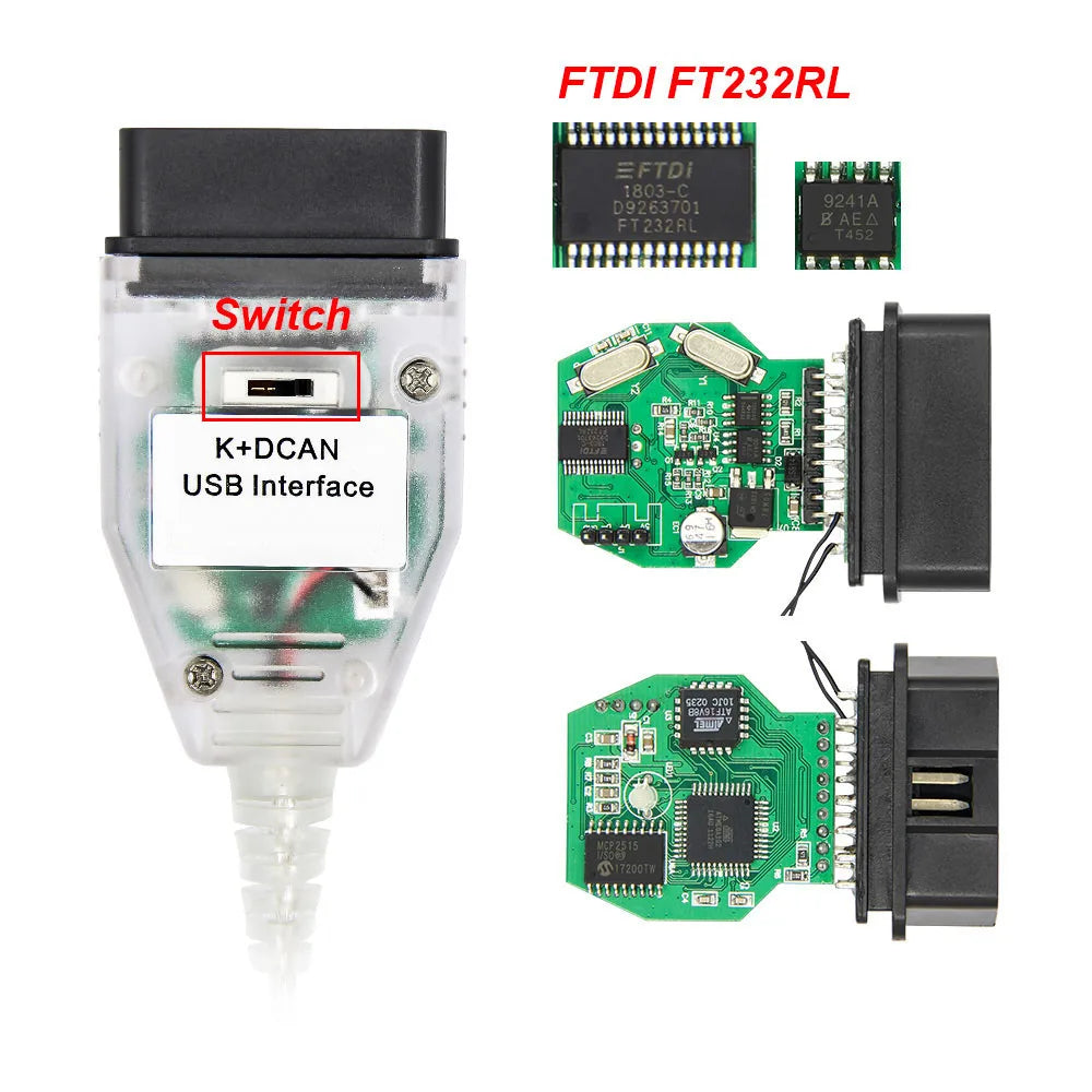 K DCAN K+CAN FTDI Chip OBD2 Auto Car Diagnostic Tools OBD 2 Scanner Switch USB Interface Cable K + DCAN OBD Diagnostic Cable