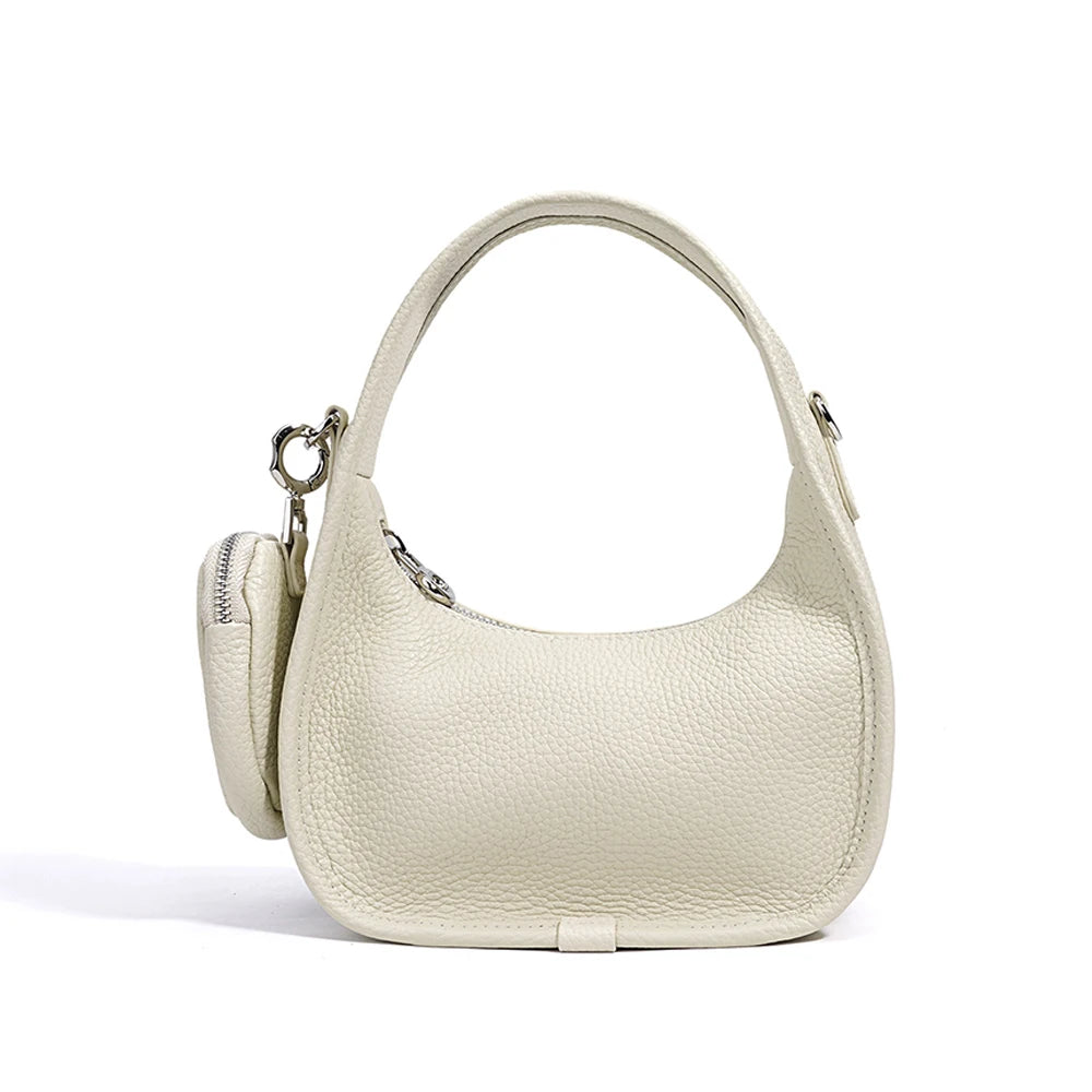 Genuine Cowhide Leather Ladies Shoulder Bag Fashionable Underarm Saddle Handbag Zipper Closure Crescent-Shaped Design for Women