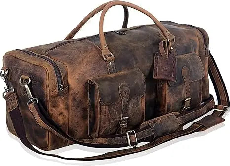 Men's Fashion Leather Duffel Weekender Bag Adjustable Canvas Carry Tote Satchel for Outdoor Use Overnight Travel Bag