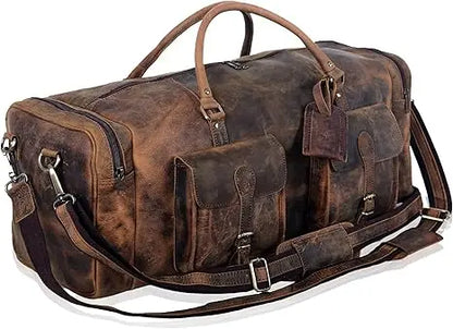 Men's Fashion Leather Duffel Weekender Bag Adjustable Canvas Carry Tote Satchel for Outdoor Use Overnight Travel Bag