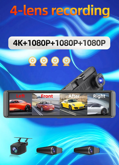 IPoster 12in 4ch Touch Screen Blind Spot AI BSD Detection Dash Camera 4K 360 View FHD Car DVR System Loop Recording Split Screen