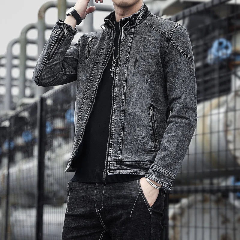 New Vintage Men's Denim Jacket with Wool Fabric Solid Casual Stand Collar Coat Winter Clothes for Men