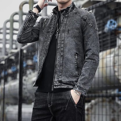 New Vintage Men's Denim Jacket with Wool Fabric Solid Casual Stand Collar Coat Winter Clothes for Men