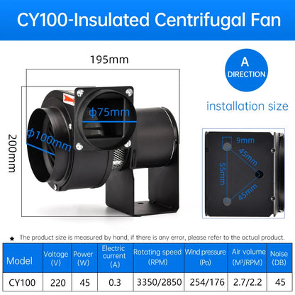 Hot Selling Factory Direct Multi-Wing  Centrifugal Fan CY100 A/B 75mm 220V Heat Insulation Blower Strong Industrial Exhaust