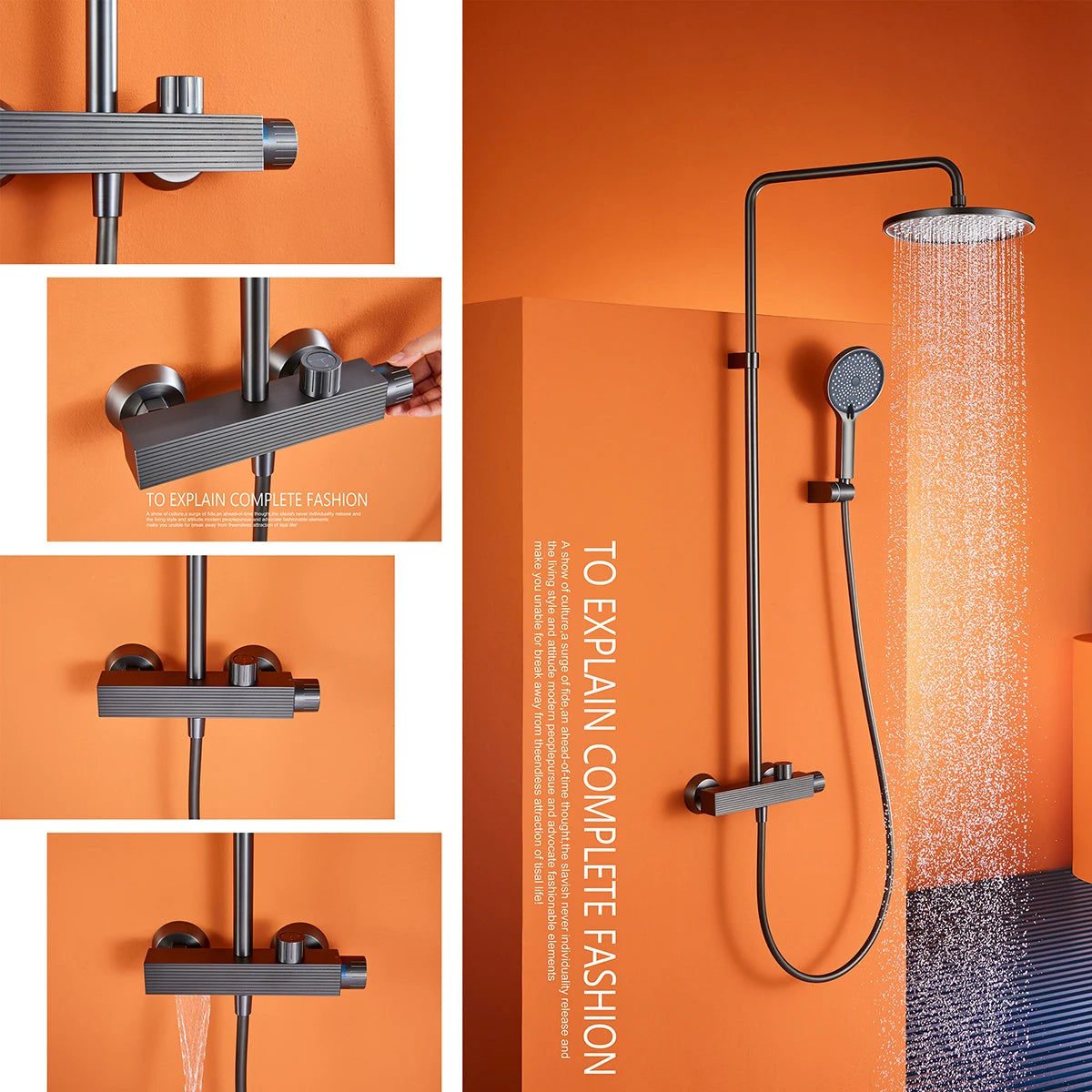 European Italian Style Square Bathroom Exposed Thermostatic Bar Grey Brass Shower Faucet Bath Shower Mixer Tap Taps Kits