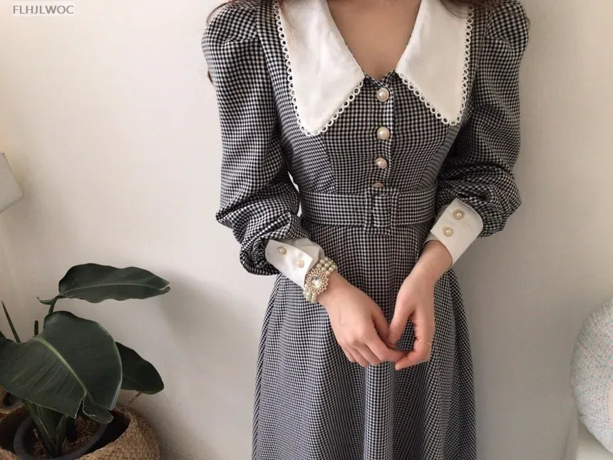 2021 Autumn Spring Basic Belt Plaid Shirt Dress Long Maxi Feminine Vestidos Chic Korea Design Clothes