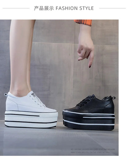 Fujin 10.5cm High Thick Heel Platform Flats Women Casual Shoes Genuine Leather Soft Quality Casual Shoe Sneakers White Black