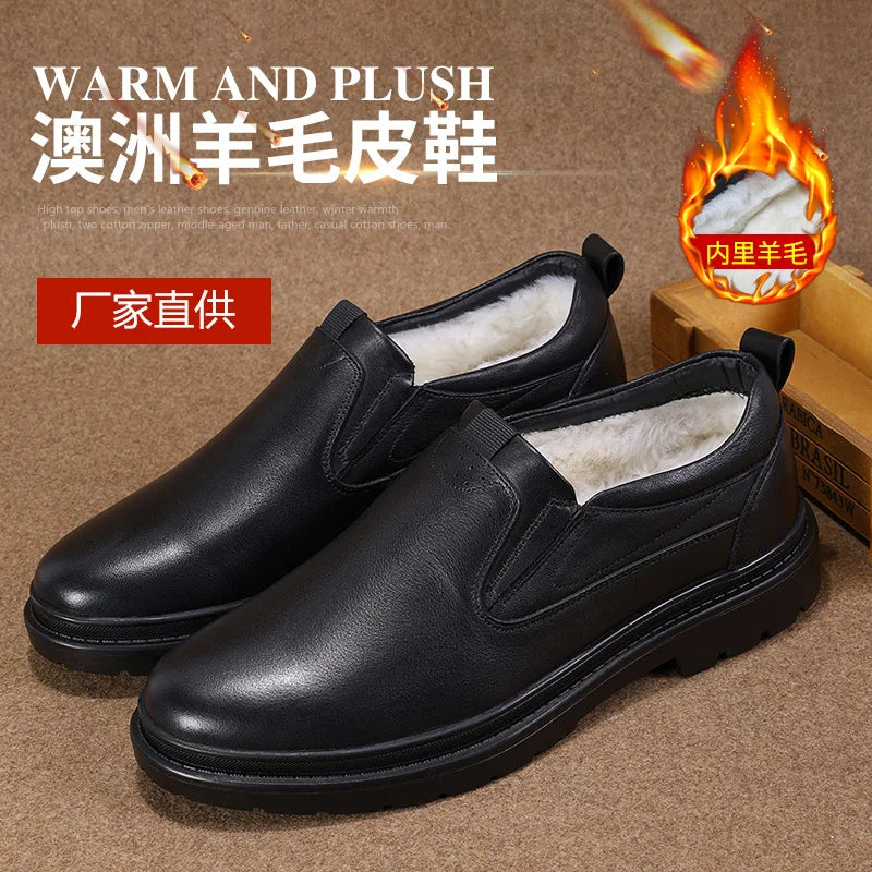 Men Winter Warm Genuine Leather Slip on Shoes Round Fur Lining Rubber Outsole Comfortable EVA Midsole