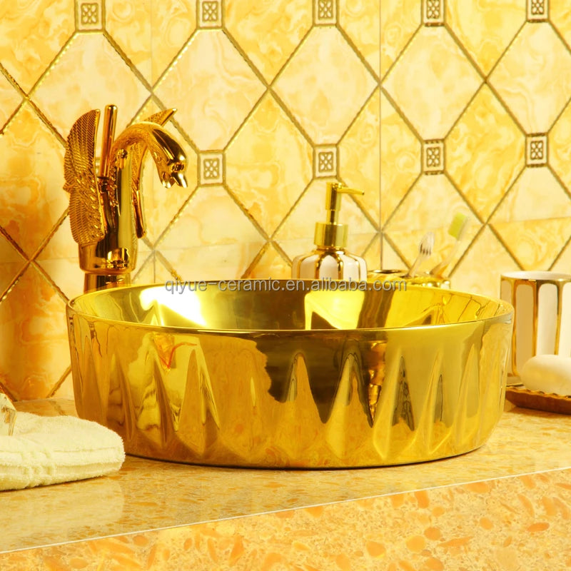 Hot Sale Golden Plated Hand Wash Basin Round Bathroom Gold Ceramic Sink for Home