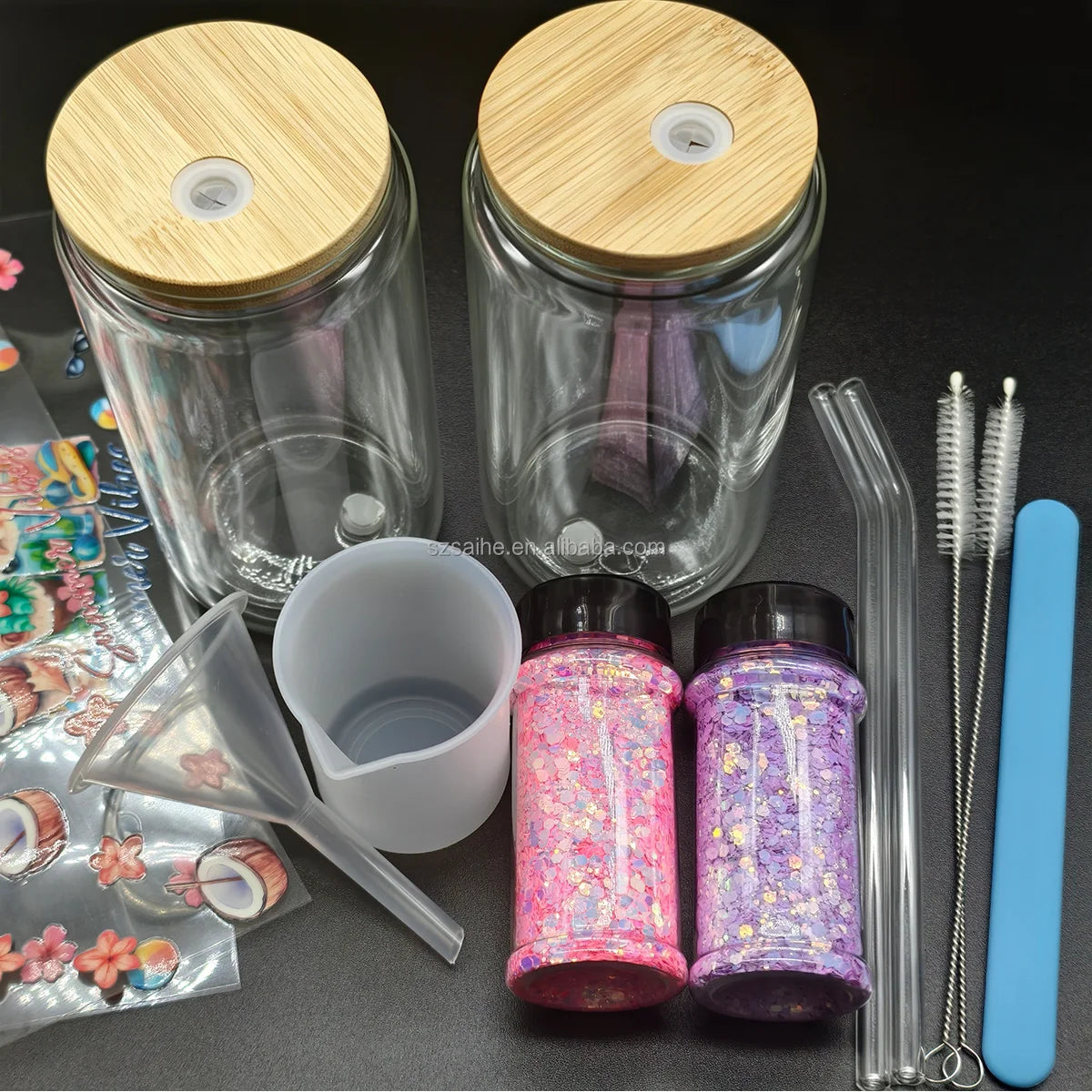 16 oz Snow Globe Glass Tumbler DIY Kit Supplies with UV DTF Cup Wraps Glitter Glass Bottle for Holiday Craft Gifts US Warehouses