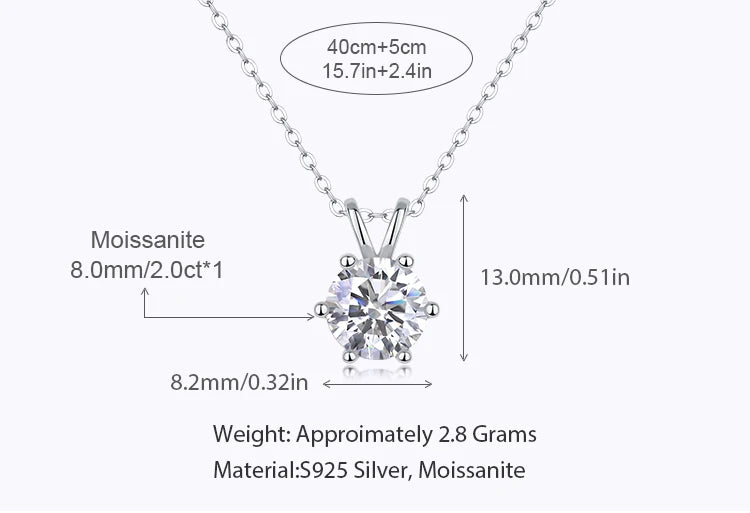 RTS Wholesale 2 Carat Moissanite Pendant Necklace 925 Sterling Silver with 6 Prong Setting Classic Jewelry Women Gift Necklace