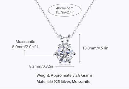 RTS Wholesale 2 Carat Moissanite Pendant Necklace 925 Sterling Silver with 6 Prong Setting Classic Jewelry Women Gift Necklace