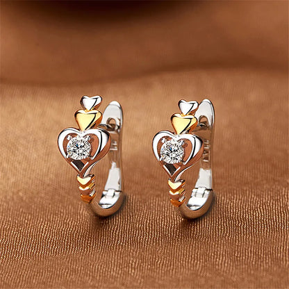 Romantic Two-tone Heart Stud Earrings 925 Silver 18K Gold Plated Round Crystal Rhinestone Wedding Jewelry For Women