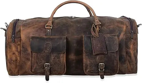 Men's Fashion Leather Duffel Weekender Bag Adjustable Canvas Carry Tote Satchel for Outdoor Use Overnight Travel Bag