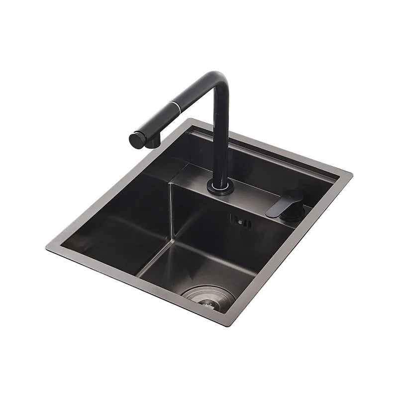Stainless Steel SS304 Single Bowl Pull Out Faucet Tap New Black Nanometer Flip Cover Hidden Kitchen Sink