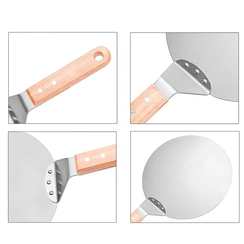 Stainless Steel Pizza Peel Wooden Handle Pizza Shovel Round Paddle Pizza Peels Cake Shovel Spatula Baking Tools