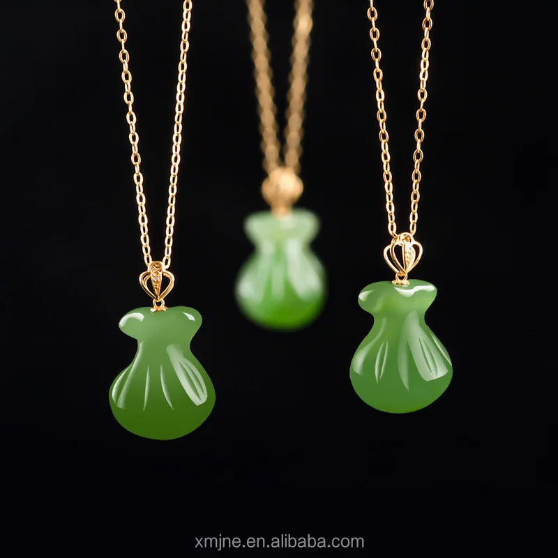 Certified Grade a Natural Spinach Green Hotan Jade Green Jade Lucky Bag Money 18K Gold Inlaid Jade Necklace Pendant Lady