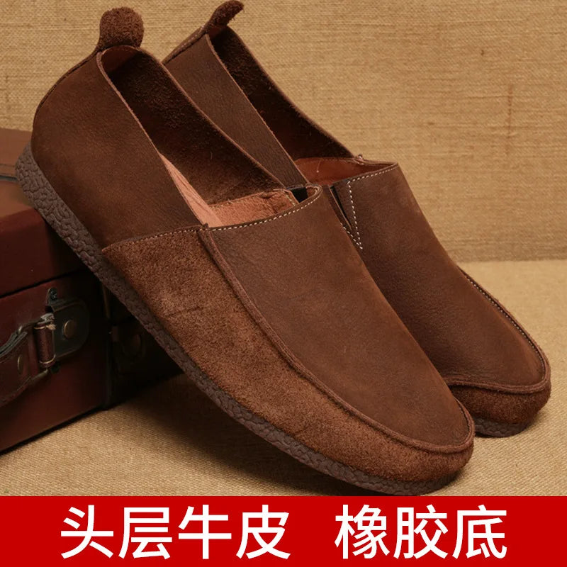 Men Suede Loafers Toe Slip-On Cow Leather Genuine Leather Lining Rubber Outsole Light Weight Solid Pattern Walking Style Shoes