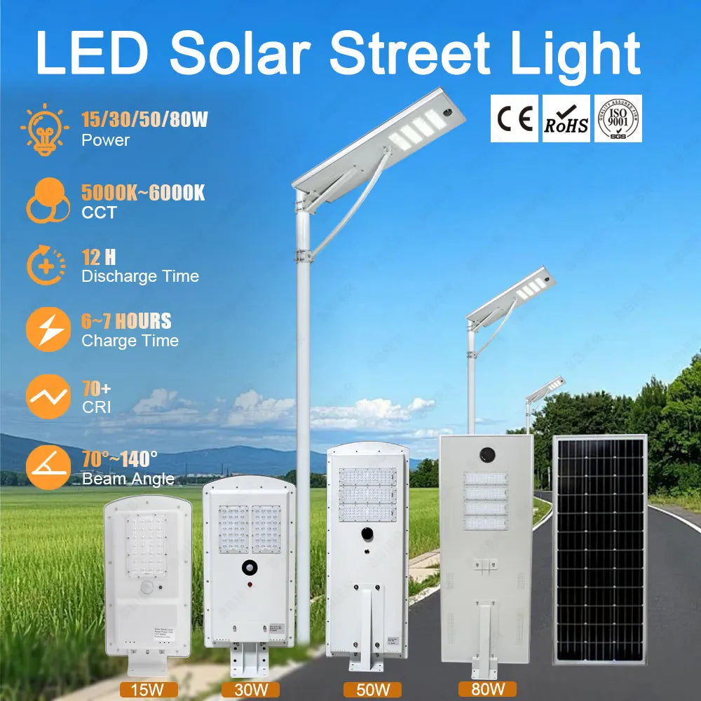 2026 High Quality 15W 30W 50W 80W Aluminium Alloy Ip65 Solar Outdoor Waterproof Efficiency Led Solar Street Light