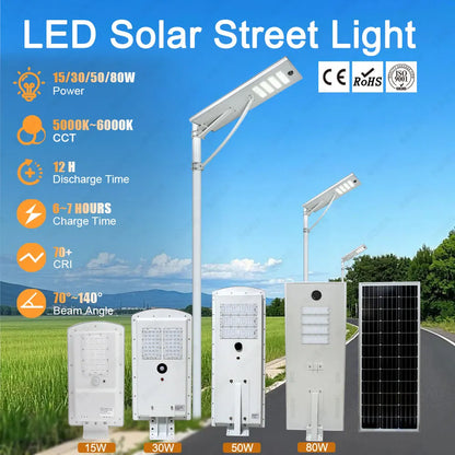 2026 High Quality 15W 30W 50W 80W Aluminium Alloy Ip65 Solar Outdoor Waterproof Efficiency Led Solar Street Light